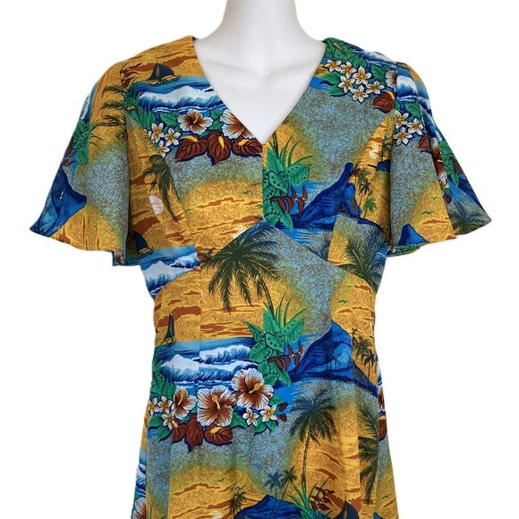 Royal Hawaiian Maxi Dress Empire Waist Hawaii Sunset Print Vintage 70s - Picture 3 of 7
